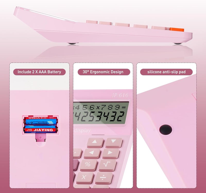 iPepul Calculators Desktop, Desk Calculator with Large 2 Line Display, Talking Basic Calculator with big Button & Adjustable Volume, 4 Function Calculators for Business, Students,School Office Supplies(Pink) - Image 3